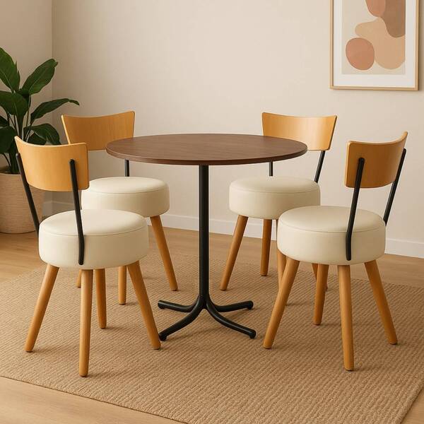 Conjunto Mesa De Jantar Redonda Preta Tampo Imbuia Com 4 Cade