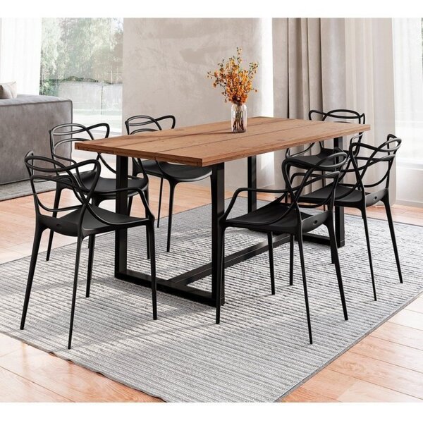 Conjunto Mesa De Jantar Rústica De Madeira Maciça Com 6 Cadei
