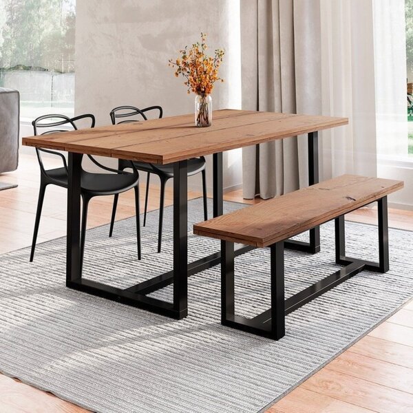 Conjunto Mesa De Jantar Rústica E Banco De Madeira Maciça Com