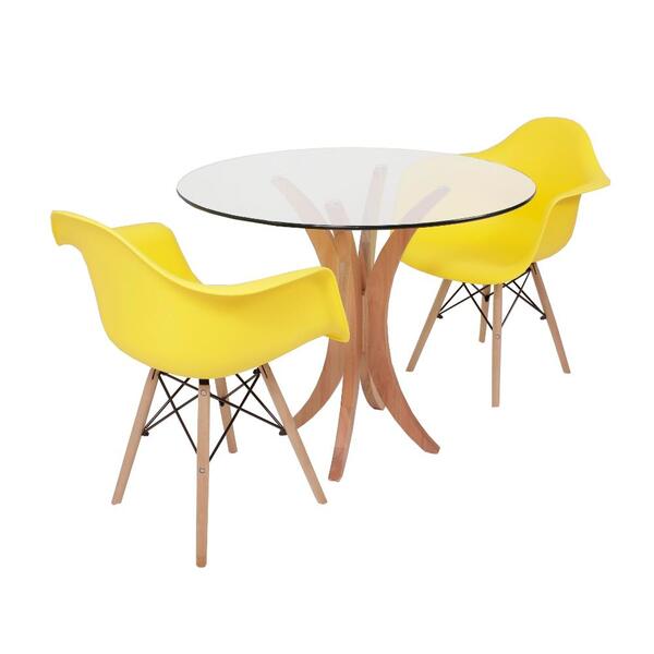 Conjunto Mesa De Jantar Tampo De Vidro 90cm Com 2 Cadeiras Ei