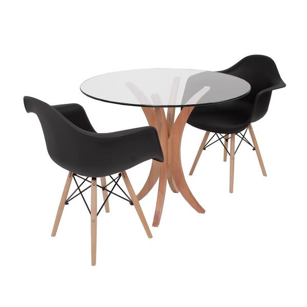 Conjunto Mesa De Jantar Tampo De Vidro 90cm Com 2 Cadeiras Ei