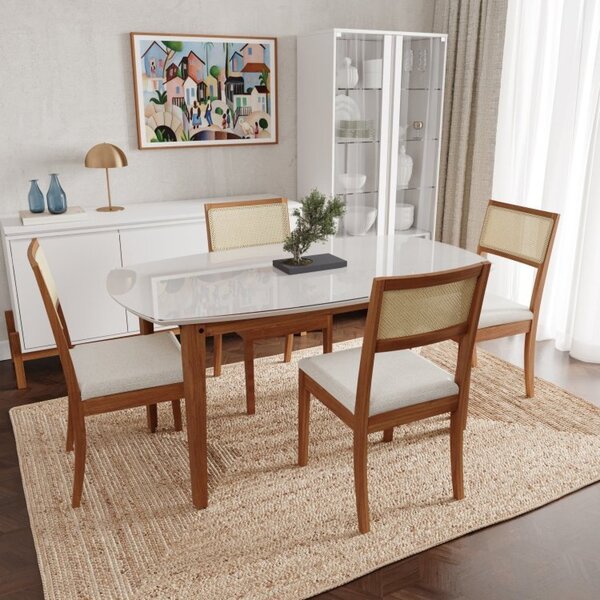 Conjunto Mesa De Jantar Tampo Vidro E Mdf 1,60m E 4 Cadeiras