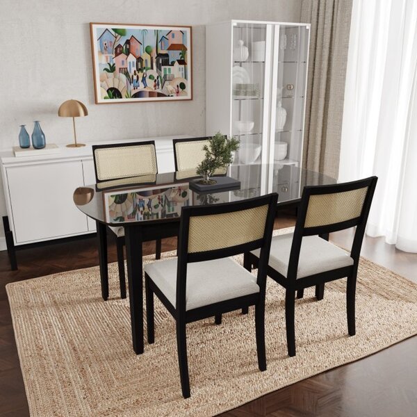 Conjunto Mesa De Jantar Tampo Vidro E Mdf 1,60m E 4 Cadeiras