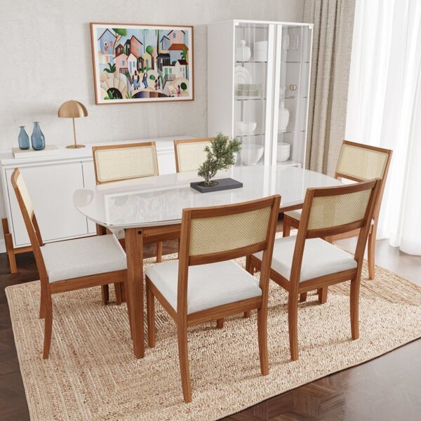 Conjunto Mesa De Jantar Tampo Vidro E Mdf 1,60m E 6 Cadeiras