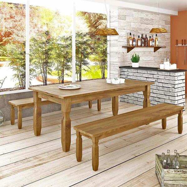 Conjunto Mesa E 2 Bancos Rústico Corona Madeira Maciça Natural
