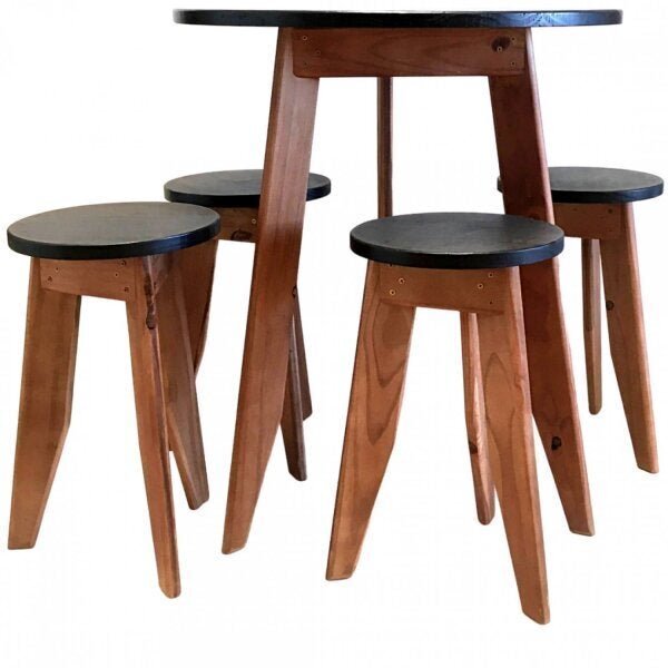 Conjunto Mesa E 4 Banquetas Em Madeira Maciça  Imbuia/preto