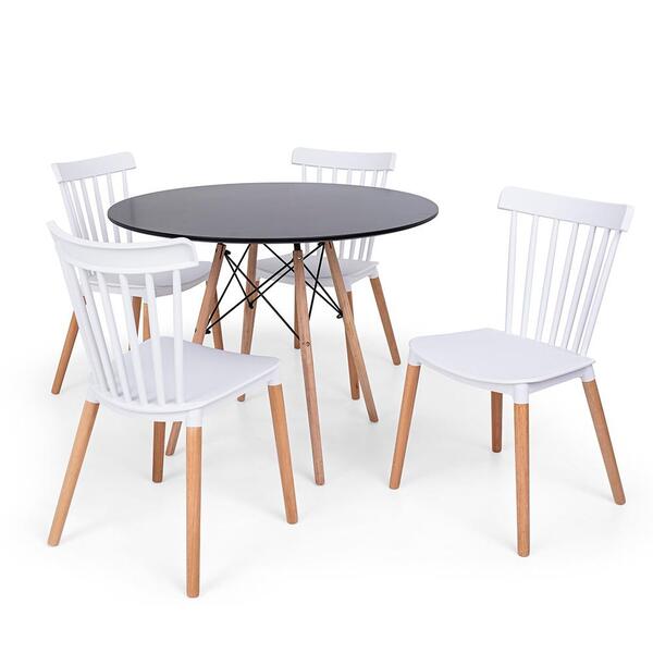 Conjunto Mesa Eiffel Preta 100cm + 4 Cadeiras Windsor - Branco