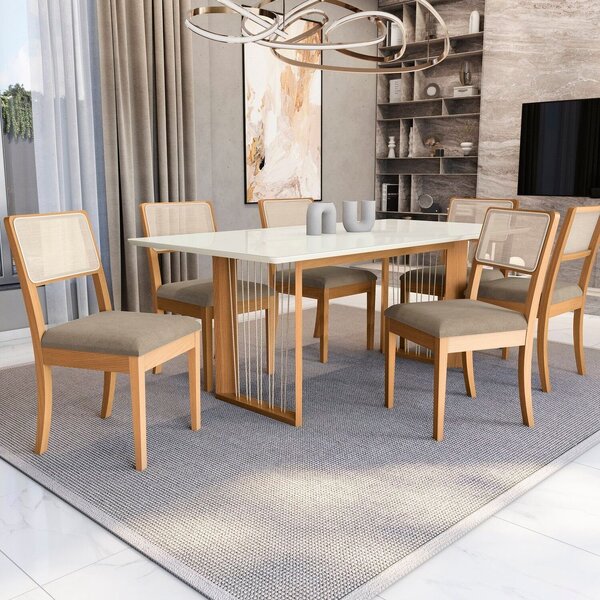 Conjunto Mesa Eva Com 6 Cadeiras Em Madeira Maciça Amendoa