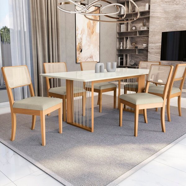 Conjunto Mesa Eva Com 6 Cadeiras Em Madeira Maciça Bege
