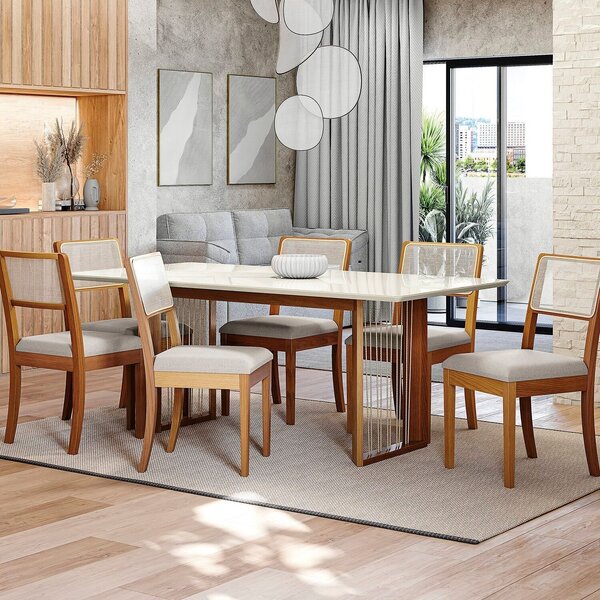 Conjunto Mesa Eva Com 6 Cadeiras Em Madeira Maciça Caqui