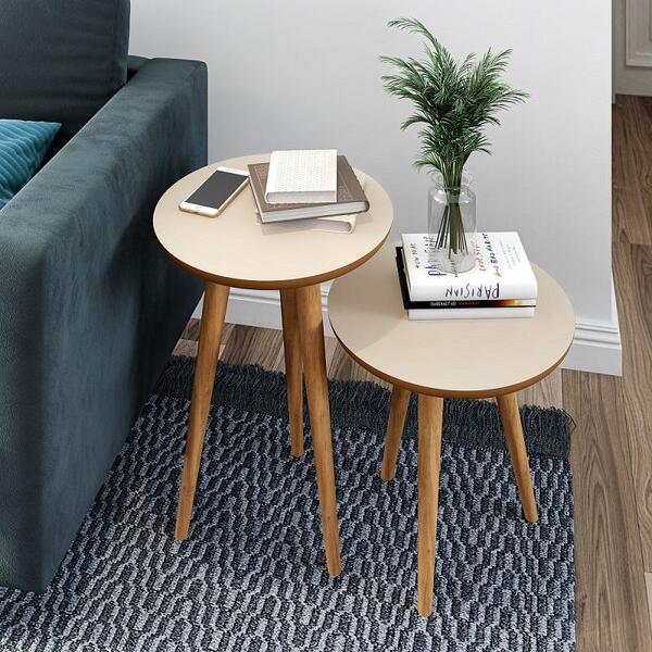 Conjunto Mesa Lateral E Apoio Retrô Com Pé Palito De Madeira