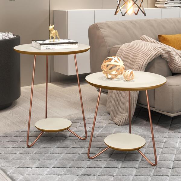 Conjunto Mesa Lateral e Apoio Skull com Pés de Ferro Off Whit