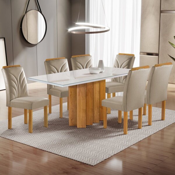 Conjunto Mesa Lorena 160cmx80cm Com 6 Cadeiras Carolina Tampo