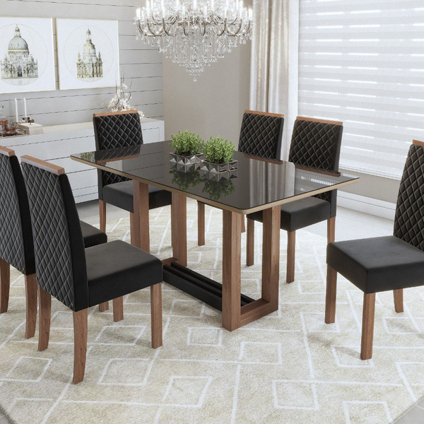 Conjunto Mesa Louise 1 60 Metros Vidro Preto Com 6 Cadeiras J