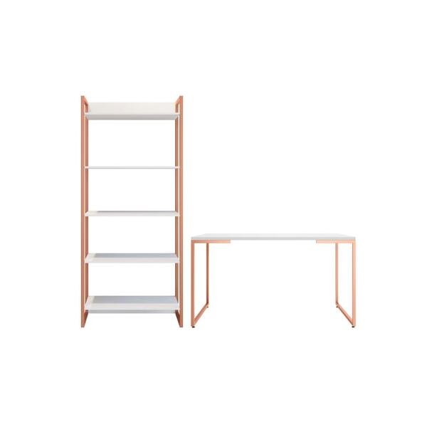 Conjunto Mesa Minimalista E Estante Ártemis Branco Cobre