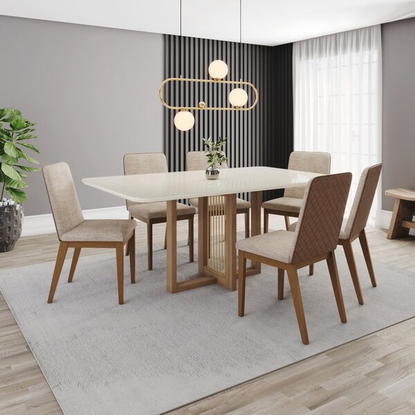Conjunto Mesa Natalí 160cm Com Vidro 06 Cadeiras Pietra Natur