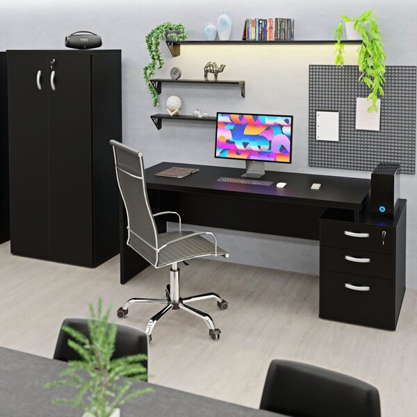 Conjunto Mesa Pedestal E Armário Alto Escritório Preto