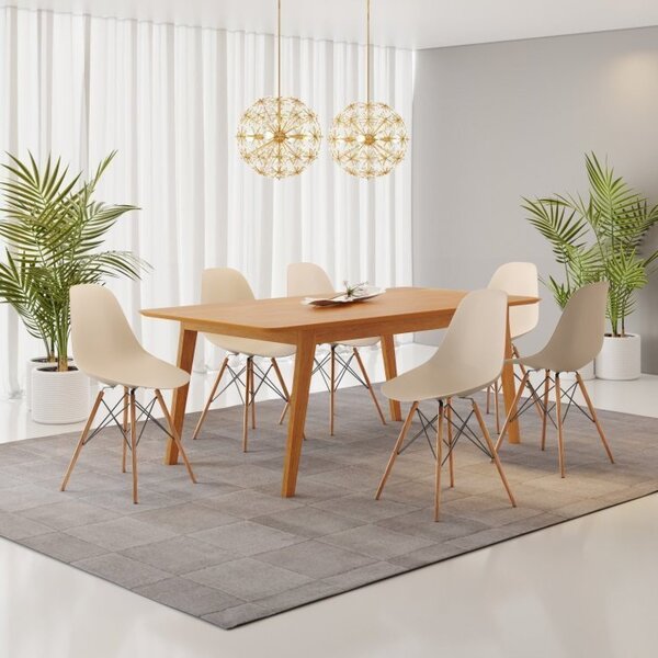 Conjunto Mesa Pés Madeira Maciça Com 6 Cadeiras Eames Pp Fend