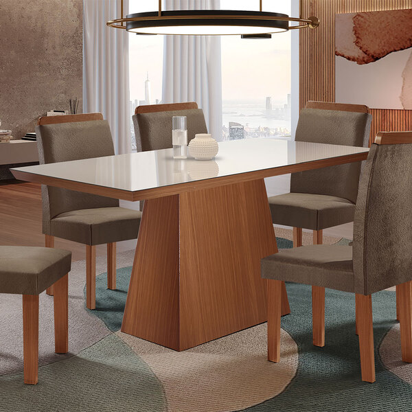 Conjunto Mesa Prada Para Sala De Jantar Com Tampo De Vidro E