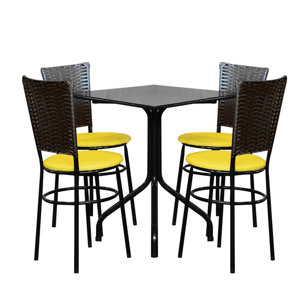 Conjunto Mesa Preta 68x68 Com 4 Cadeiras Café  Amarelo