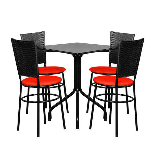 Conjunto Mesa Preta 68x68 Com 4 Cadeiras Preta  Vermelho
