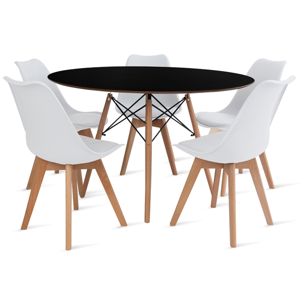Conjunto Mesa Preta Eames 110cm E 5 Cadeiras Leda Branca
