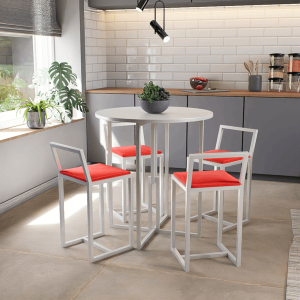 Conjunto Mesa Redonda Branca 4 Cadeiras Pequena Estofado Verm