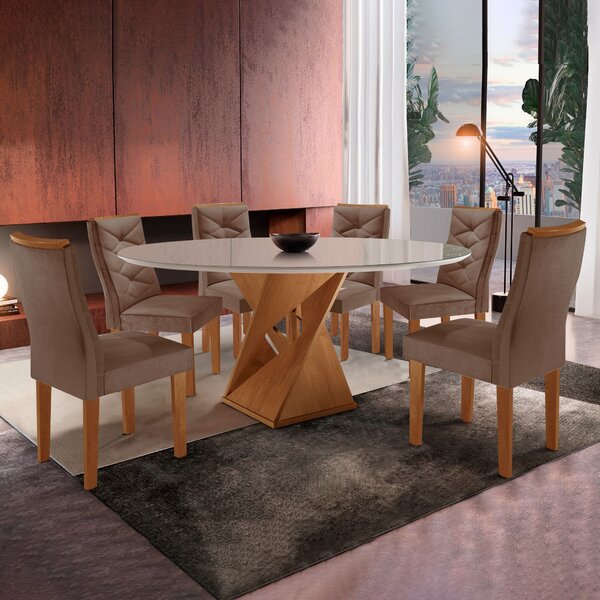 Conjunto Mesa Redonda Com Vidro E 6 Cadeiras Tampo 120cmx120c