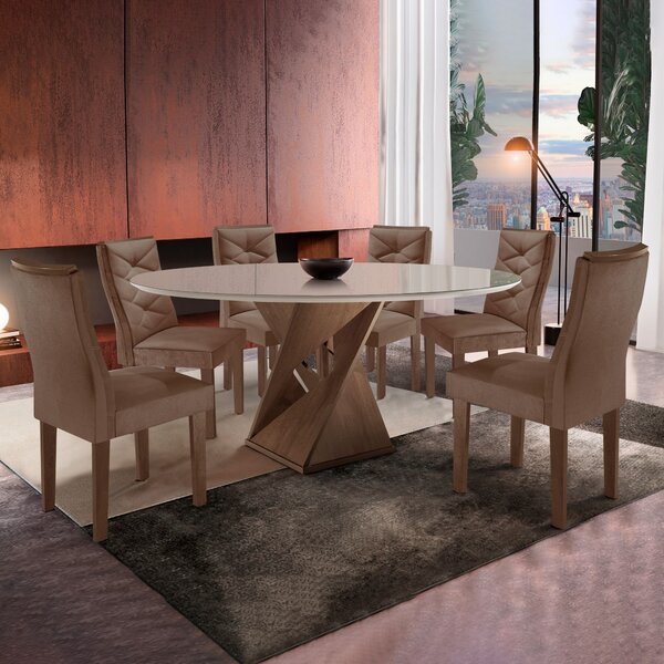 Conjunto Mesa Redonda Com Vidro E 6 Cadeiras Tampo 120cmx120c