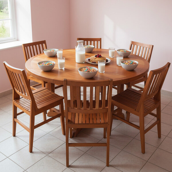 Conjunto Mesa Redonda Jantar 1 6m 6 Cadeiras Maciça Madri