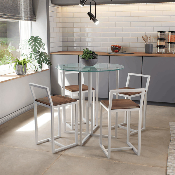 Conjunto Mesa Redonda Vidro 4 Cadeiras Pequena Imbuia Industr