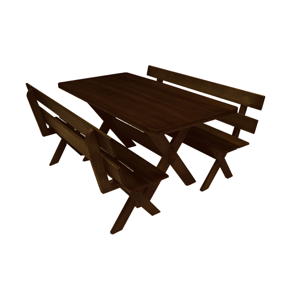 Conjunto Mesa Rústica 1,6m E 2 Bancos Com Encosto Madeira Mac