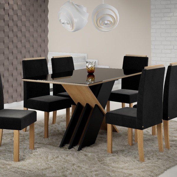 Conjunto Mesa Sarah 1 60 Metros Vidro Preto Com 6 Cadeiras St