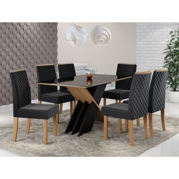 Conjunto Mesa Sarah Vidro Com 6 Cadeiras Elegance  Mel/preto