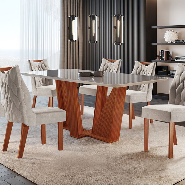 Conjunto Mesa Veneza Para Sala De Jantar Com Tampo De Vidro E