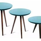 Conjunto Mesa Vidro Laqueado Canto Redonda 3 Un.  Azul Tifany