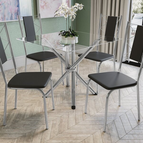 Conjunto Mesa Volga Tampo De Vidro E 4 Cadeiras Lisboa Cromad