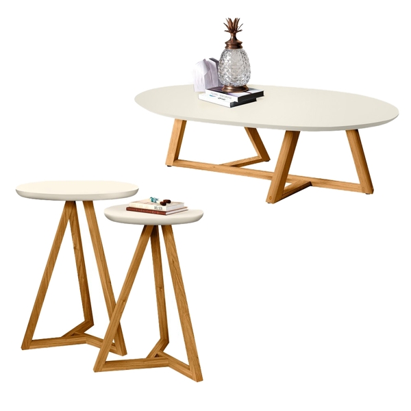 Conjunto Mesas Sala De Estar Amberly Off White Amêndoa