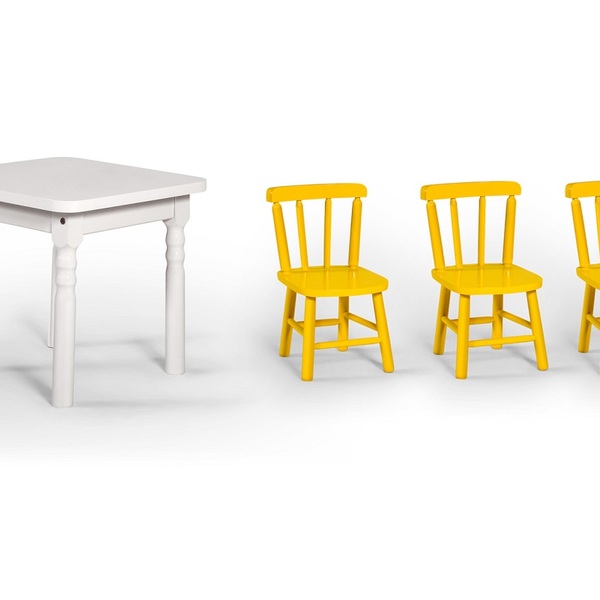 Conjunto Mesinha Infantil Branca Com 3 Cadeiras Kids Amarela