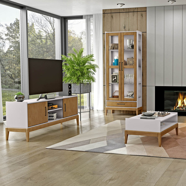 Conjunto Milão Off White/freijó Rack 2 Portas  Cristaleira 2