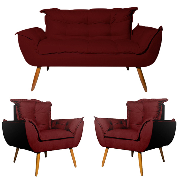 Conjunto Namoradeira Decorativa E 2 Poltronas Opala Pés Palit