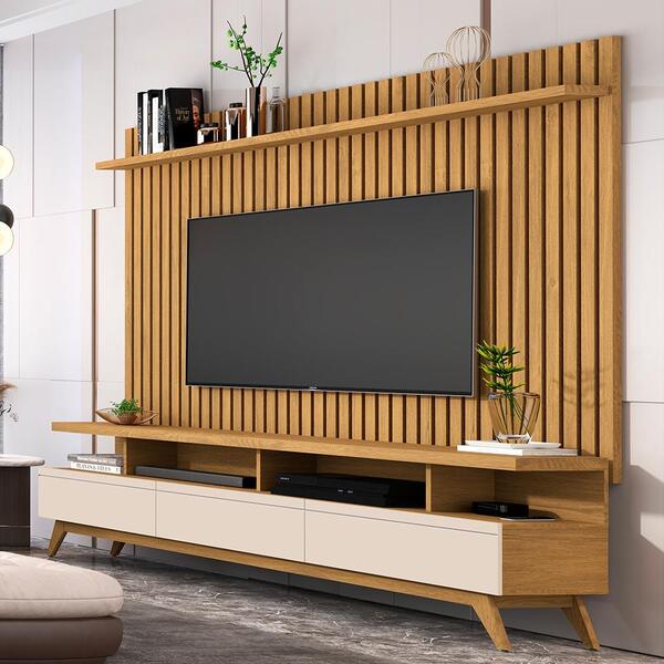 Conjunto Painel Ripado E Rack Eslôvenia Cumaru Off White