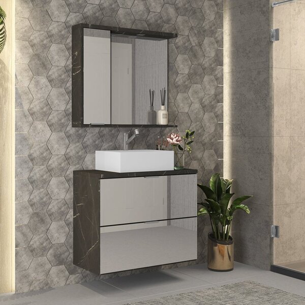 Conjunto Para Banheiro 1 Gabinete Espelhado Com Cuba 1 Espelh