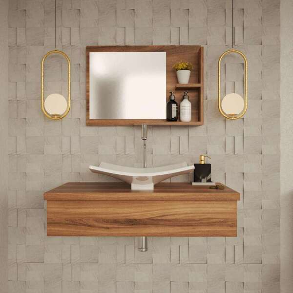 Conjunto Para Banheiro Bancada Com Cuba F44 Folha E Espelheir