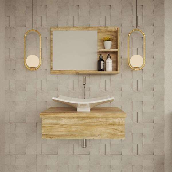 Conjunto Para Banheiro Bancada Com Cuba F44 Folha E Espelheir