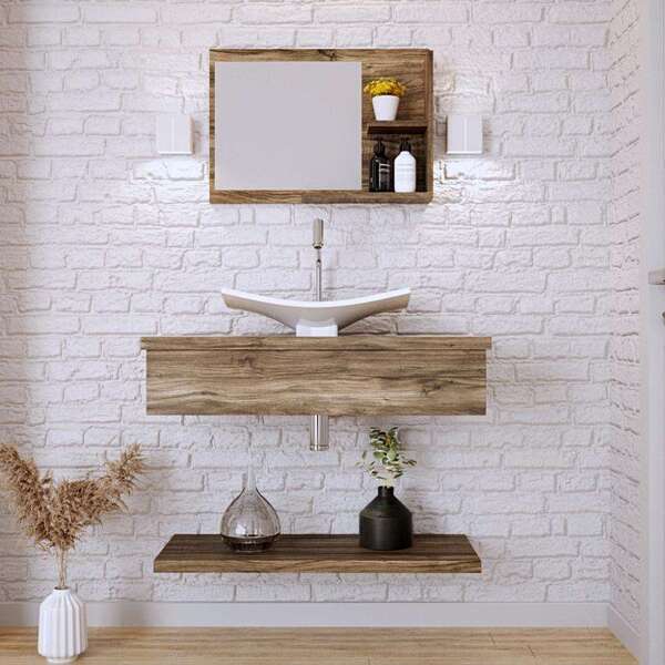 Conjunto Para Banheiro Bancada Com Cuba F44 Folha, Prateleira