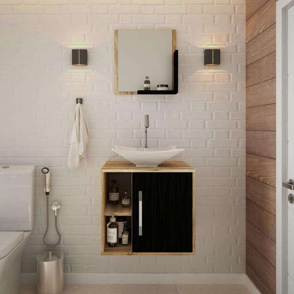 Conjunto Para Banheiro Gabinete Com Cuba Folha L38 E Espelhei