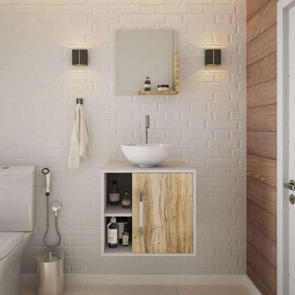 Conjunto Para Banheiro Gabinete Com Cuba Redonda R30 E Espelh