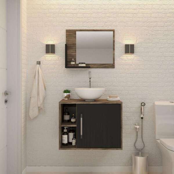 Conjunto Para Banheiro Gabinete Com Cuba Redonda R30 E Espelh