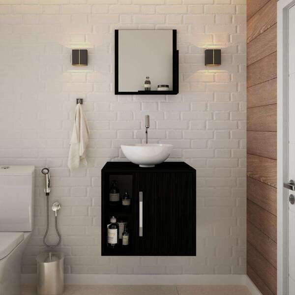 Conjunto Para Banheiro Gabinete Com Cuba Redonda R30 E Espelh